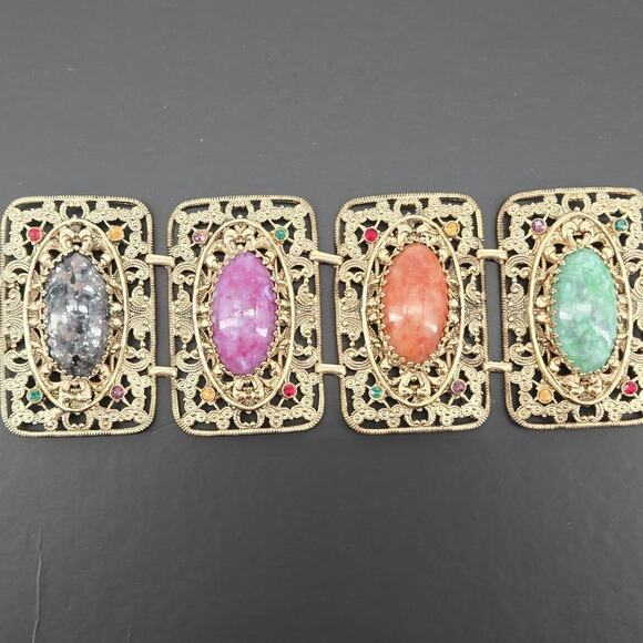 Vtg Marino Art Deco Nouveau Style Filigree Cabochon Stone Wide Panel Bracelet 7" - Picture 1 of 16
